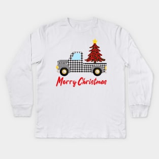 Merry Christmas Funny Buffalo Plaid Truck Kids Long Sleeve T-Shirt